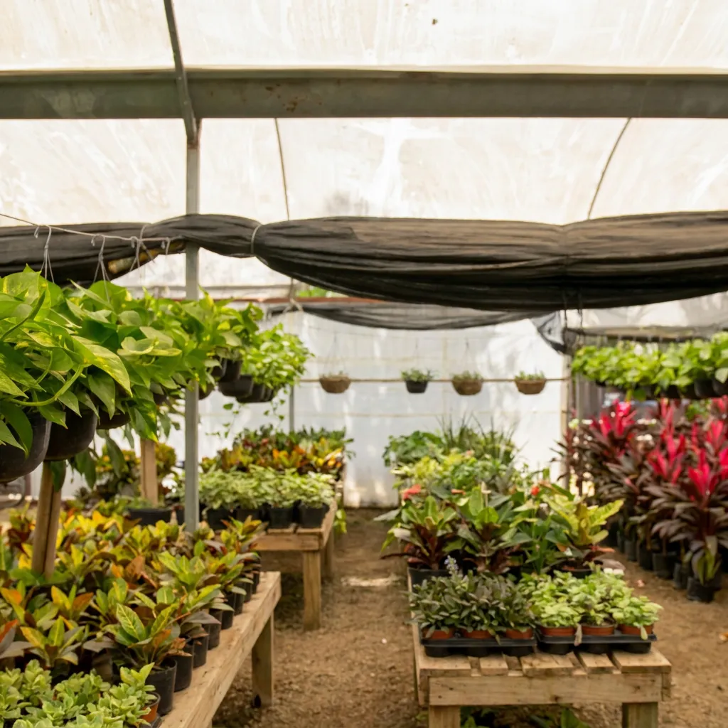Empty flower greenhouse with plants and a translucent roof.