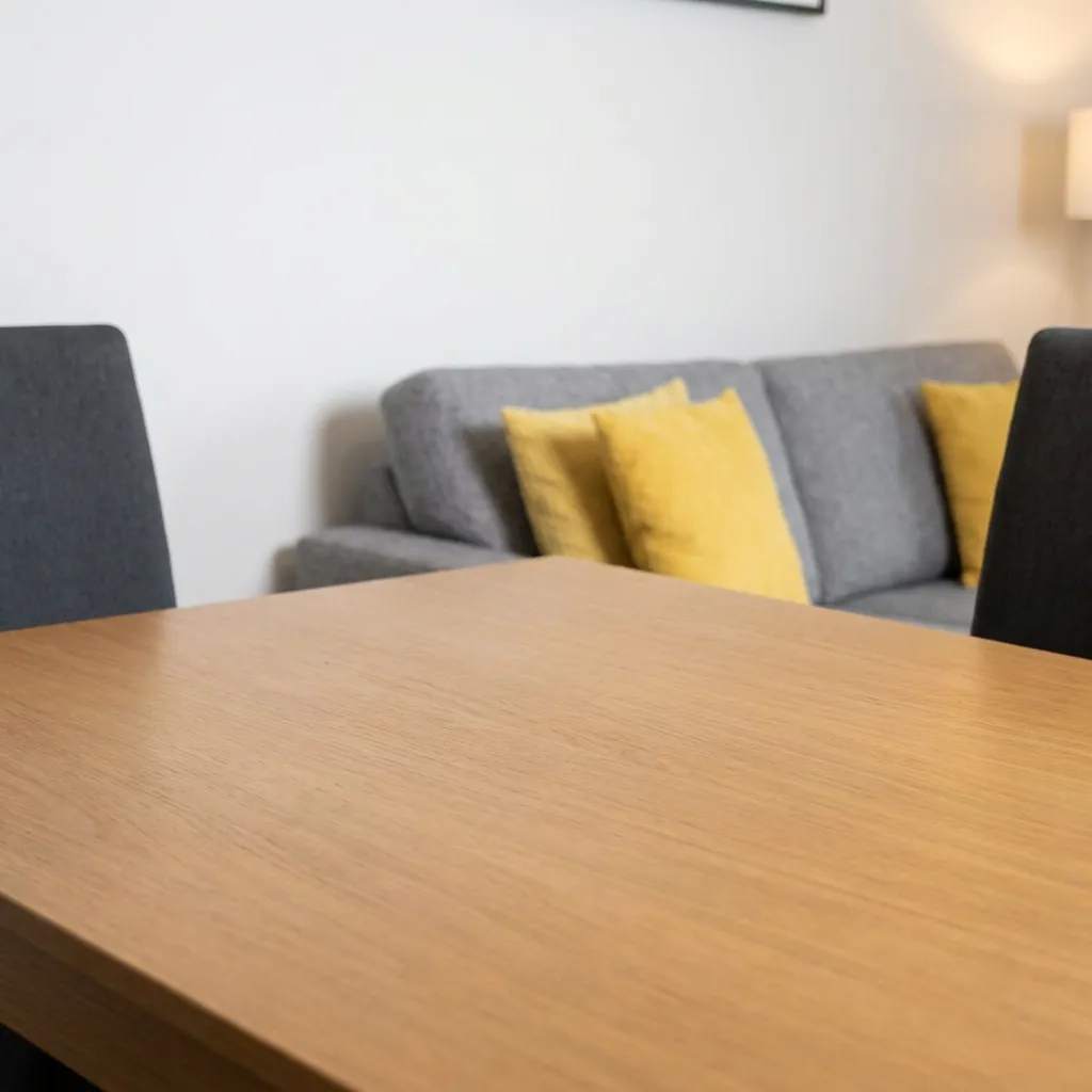 Empty living room with a wooden table, sofa, and yellow cushion.